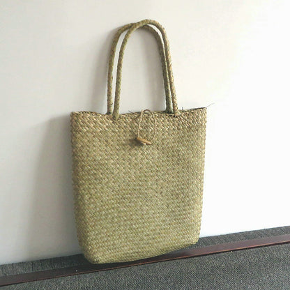 Japan And South Korea Wind Seaweed Woven Bag Hanging Flower Basket Mori Female Portable Straw Woven Shoulder Bag Travel Beach