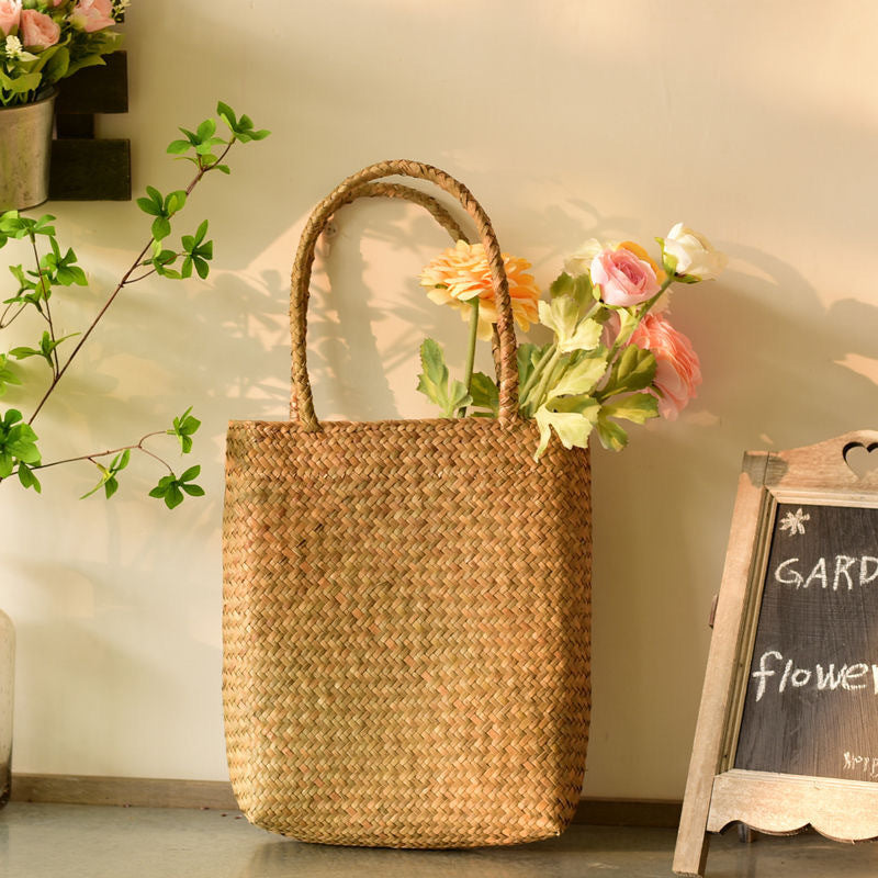 Japan And South Korea Wind Seaweed Woven Bag Hanging Flower Basket Mori Female Portable Straw Woven Shoulder Bag Travel Beach
