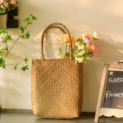 Japan And South Korea Wind Seaweed Woven Bag Hanging Flower Basket Mori Female Portable Straw Woven Shoulder Bag Travel Beach