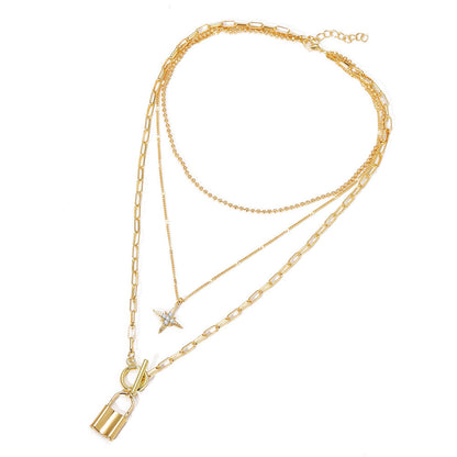 Cross-Border Jewelry New Alloy Clavicle Chain Personality Multi-Layer Eight-Pointed Star Lock Pendant Multi-Layer Necklace Wo