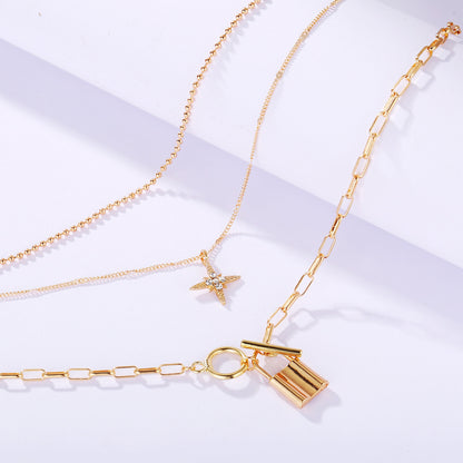 Cross-Border Jewelry New Alloy Clavicle Chain Personality Multi-Layer Eight-Pointed Star Lock Pendant Multi-Layer Necklace Wo