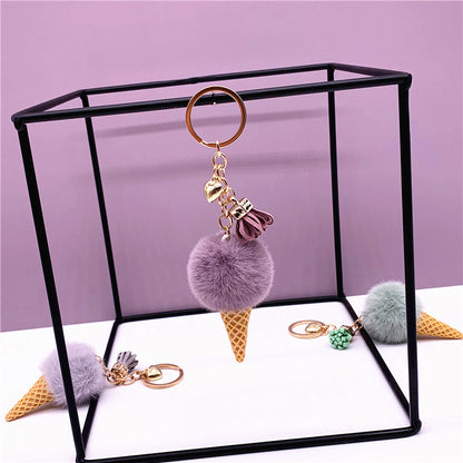 Ice Cream Keychain Cute Bag Cartoon Plush Pendant Cone Car Key Chain Ring Hair Ball Creative Gift 1619853637845