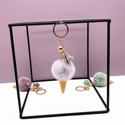 Ice Cream Keychain Cute Bag Cartoon Plush Pendant Cone Car Key Chain Ring Hair Ball Creative Gift 1619853644729