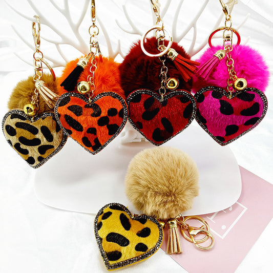 Velvet Diamond-Studded Leopard Pattern Love Style Hair Ball Keychain Pendant Bell Accessories Car Luggage Pendant 16199219308