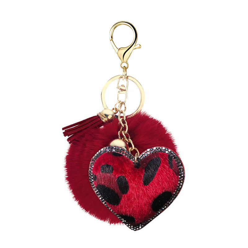 Velvet Diamond-Studded Leopard Pattern Love Style Hair Ball Keychain Pendant Bell Accessories Car Luggage Pendant 16199219308