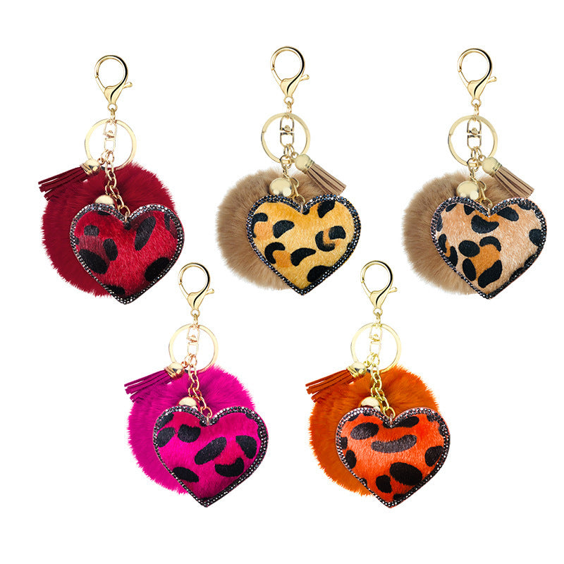 Velvet Diamond-Studded Leopard Pattern Love Style Hair Ball Keychain Pendant Bell Accessories Car Luggage Pendant 16199219311