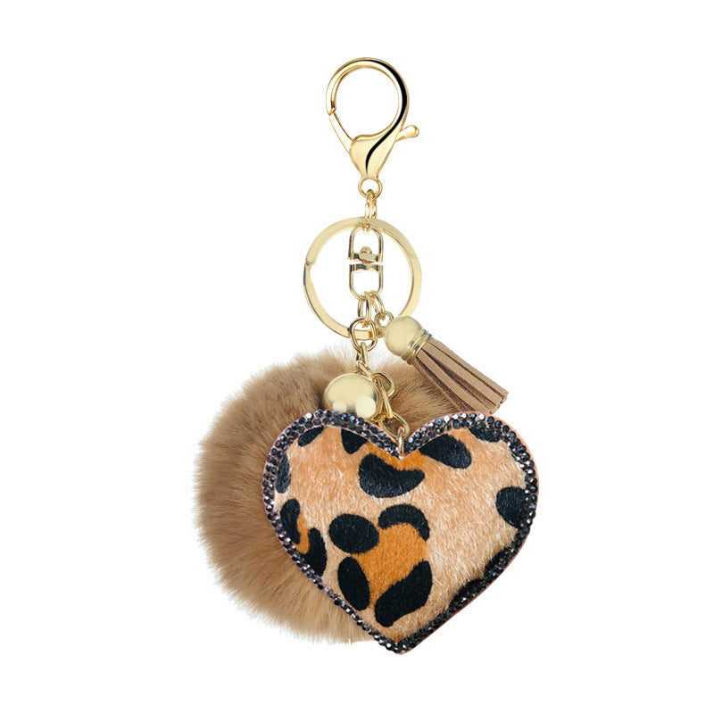 Velvet Diamond-Studded Leopard Pattern Love Style Hair Ball Keychain Pendant Bell Accessories Car Luggage Pendant 16199219892