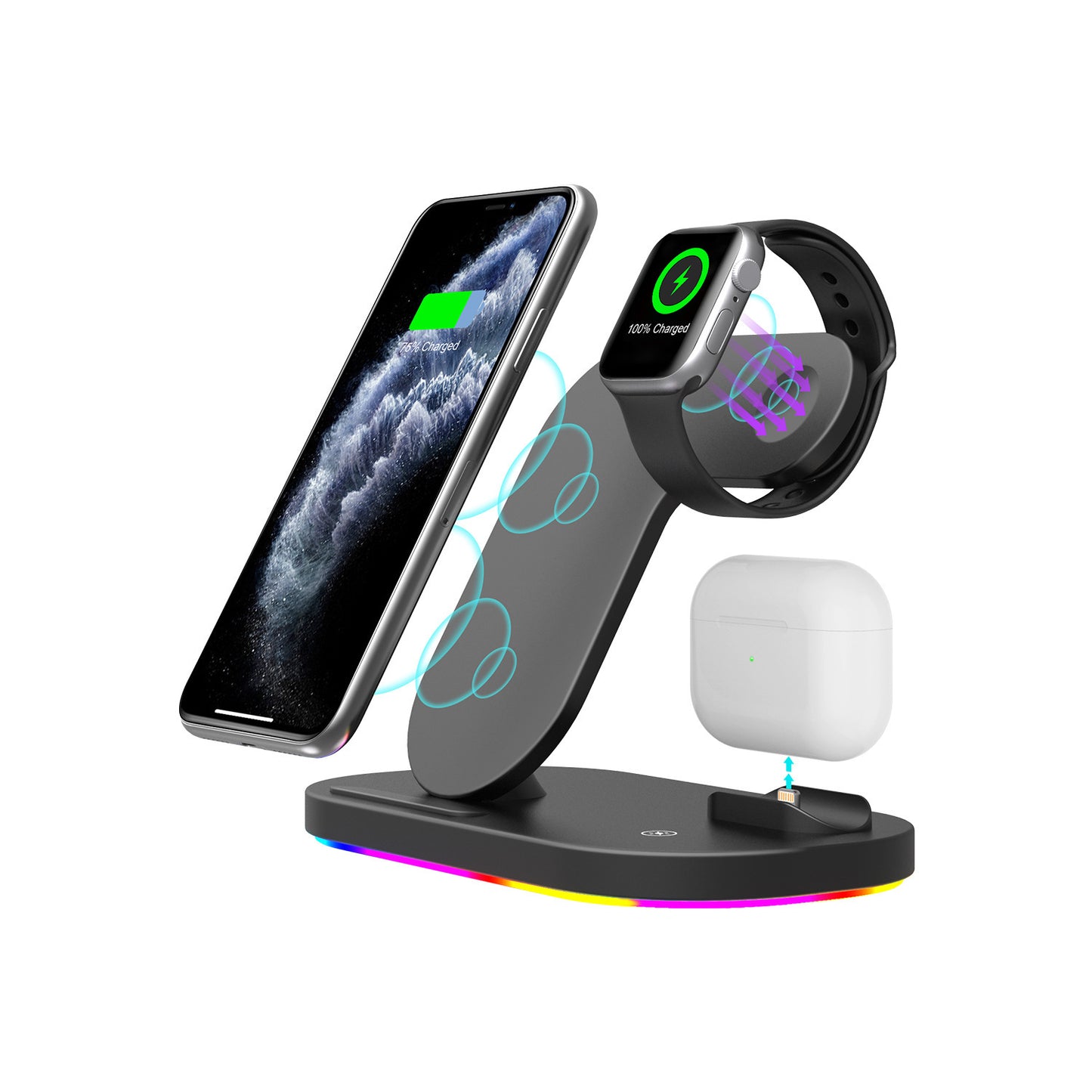 Compatible with Apple, Support De Chargeur Sans Fil Rapide Qi 15W Pour iPhone 12Pro XR Watch 3 en 1, Station De Charge Pliable Pour Airpods Pro IWatch - 图片 1
