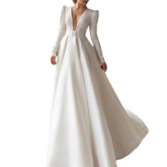 Ladies Style White Dress Satin Surface Was Thin And High French Temperament Dress Long Skirt 1621222576954