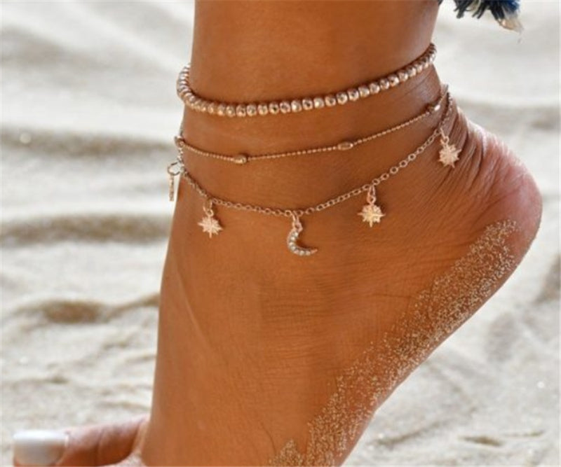 Popular Set Of Three Sets Of Fishbone Chain Crystal Double-sided Diamond Anklet 1622286922045