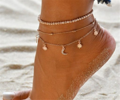 Popular Set Of Three Sets Of Fishbone Chain Crystal Double-sided Diamond Anklet 1622286922045