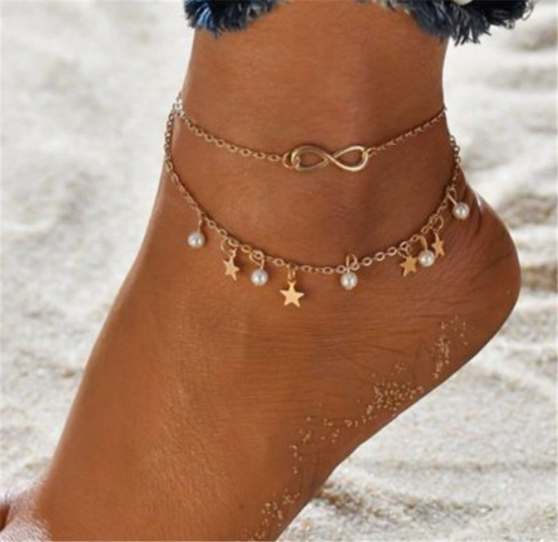 Popular Set Of Three Sets Of Fishbone Chain Crystal Double-sided Diamond Anklet 1622286922049