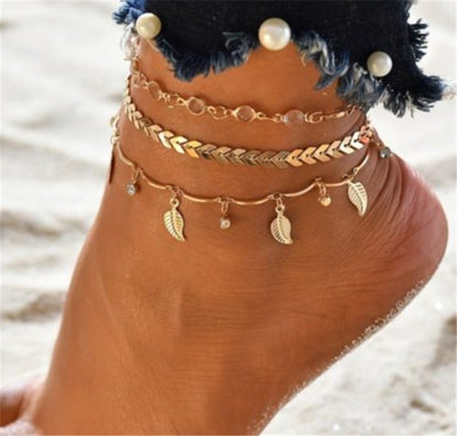 Popular Set Of Three Sets Of Fishbone Chain Crystal Double-sided Diamond Anklet 1622286922054