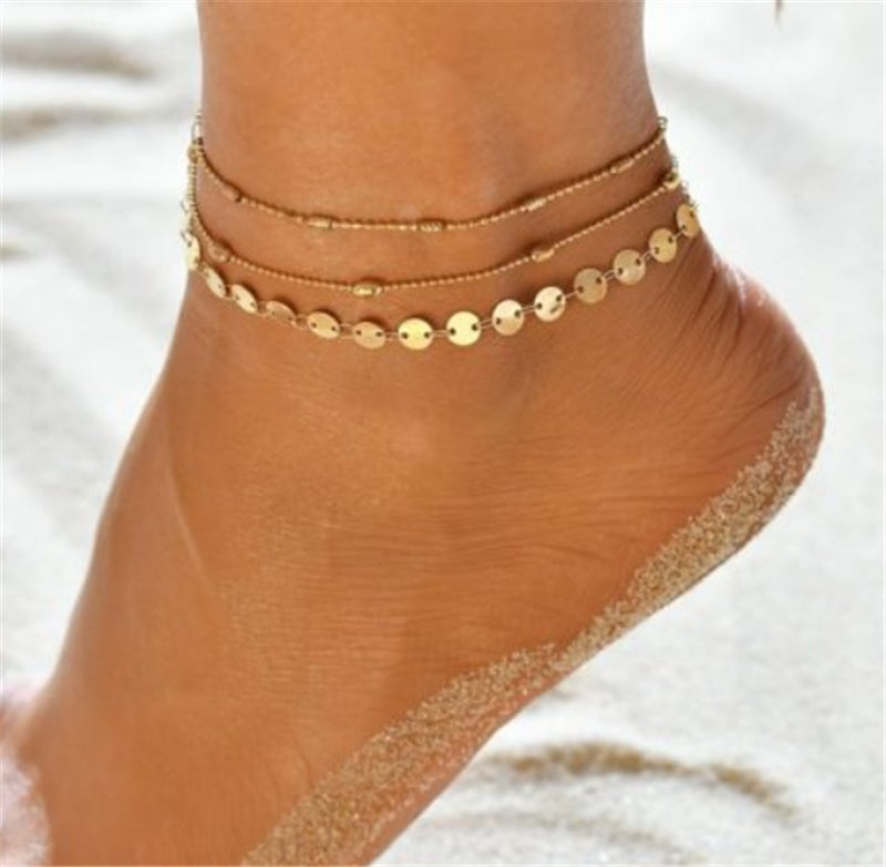 Popular Set Of Three Sets Of Fishbone Chain Crystal Double-sided Diamond Anklet 1622286922346