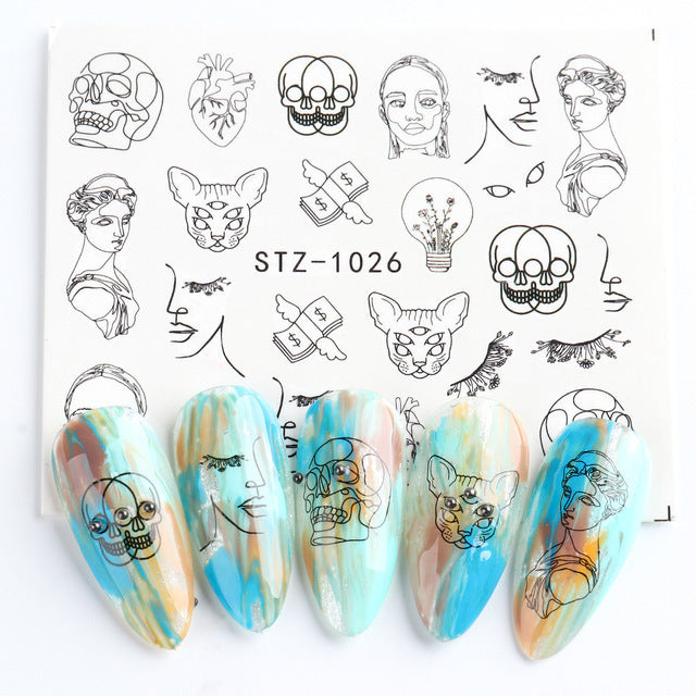 Ins Retro Face Black Line Nail Watermark Sticker French Art Nails 1622358941631