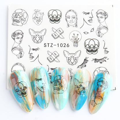 Ins Retro Face Black Line Nail Watermark Sticker French Art Nails 1622358941631