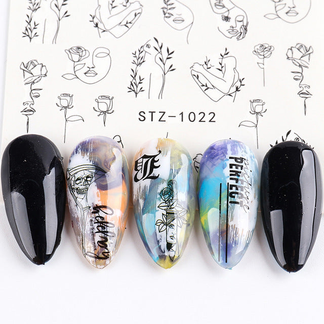 Ins Retro Face Black Line Nail Watermark Sticker French Art Nails 1622358942239