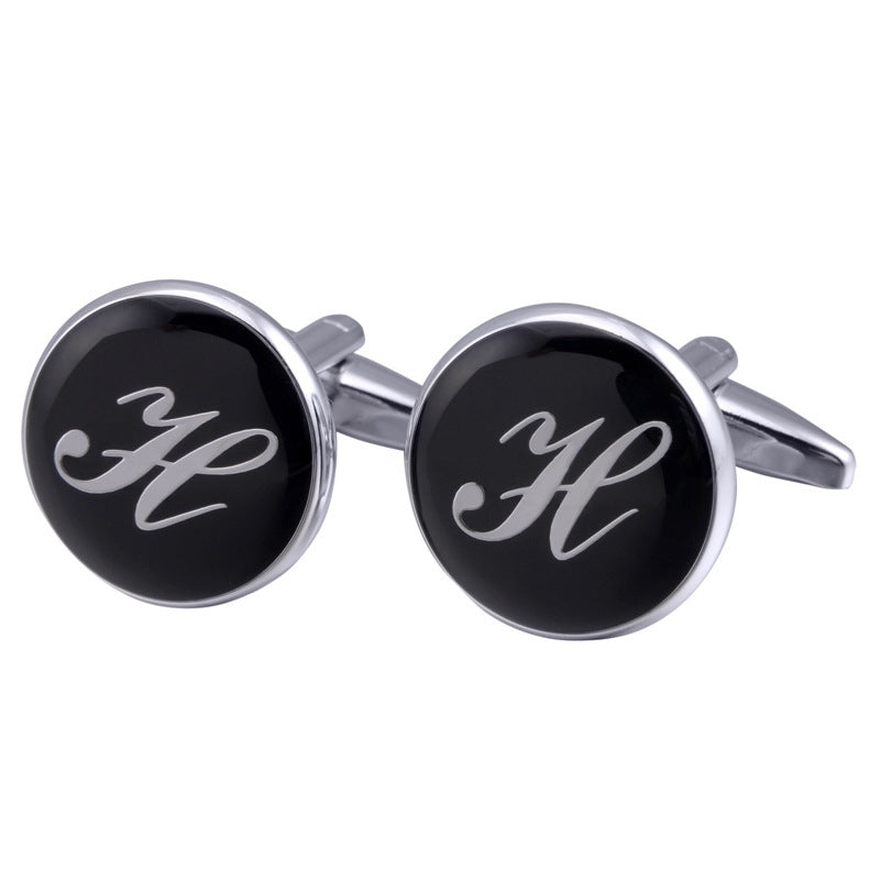 French Cufflinks black round Enamel Traditional letter Cufflinks 1622432414543