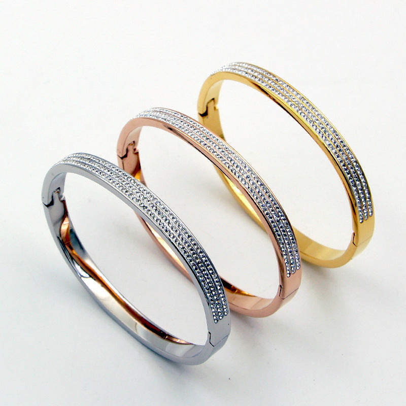 Half Circle Three Rows Full Diamond Rose Gold Concealed Buckle Bracelet Titanium Steel Rose Gold Bracelet Women 1622445058633
