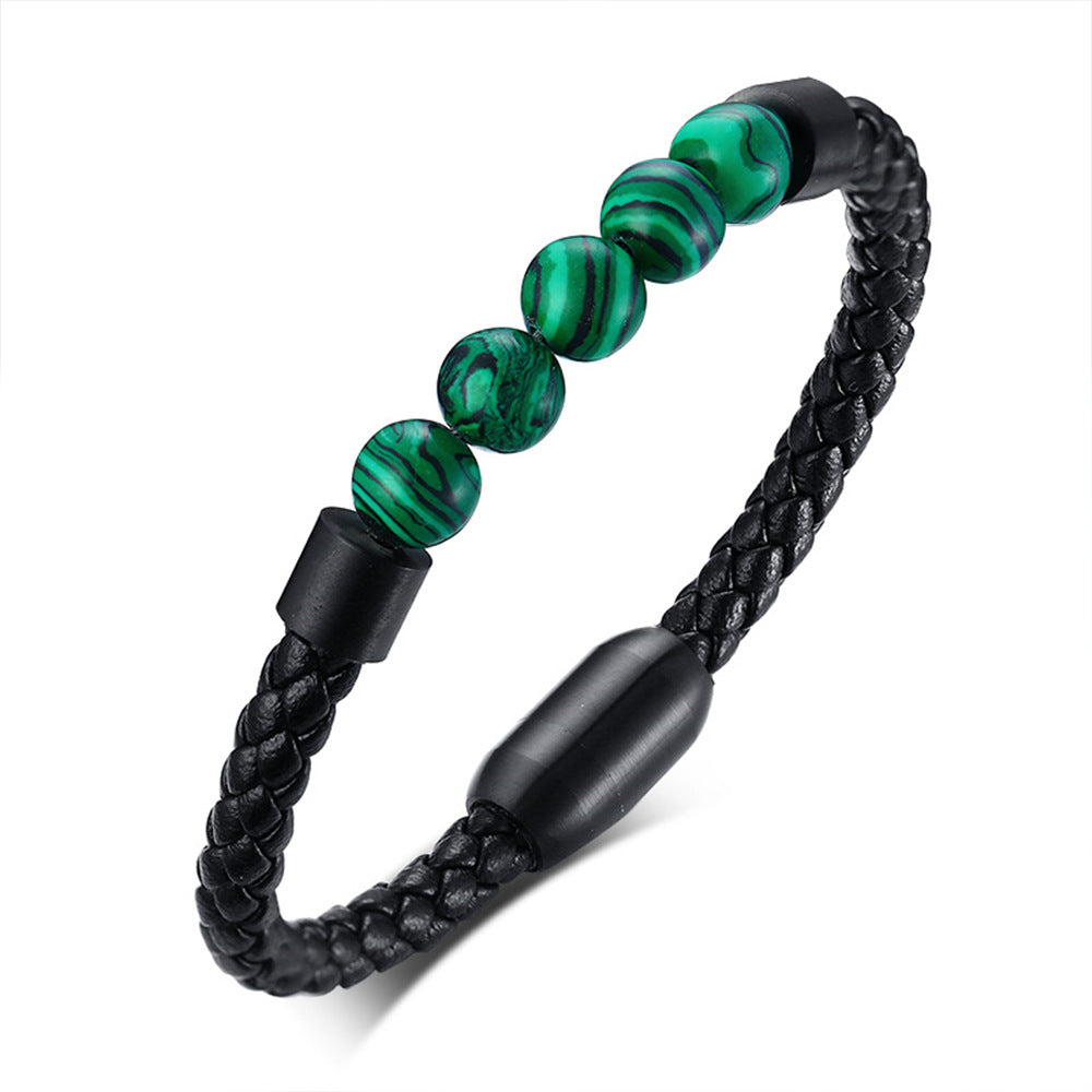 Classic High Quality Genuine Stainless Steel Leather Men's Bracelet, Natural Stone Hand-woven Bracelet 1622525505427