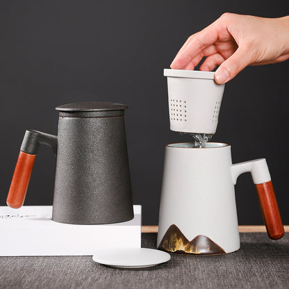 Factory Creative Yuanshan Hand-painted Mug Wooden Handle Ceramic Tea Cup With Lid Filter Three-piece Office Home 162304619539