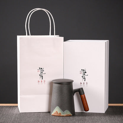Factory Creative Yuanshan Hand-painted Mug Wooden Handle Ceramic Tea Cup With Lid Filter Three-piece Office Home 162304619540