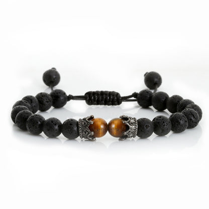 Black Lava Stone Crown Charm Tiger Eye Beads Bracelet 1623312546723