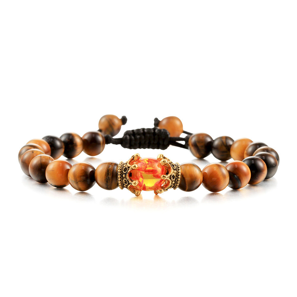 Black Lava Stone Crown Charm Tiger Eye Beads Bracelet 1623318267677