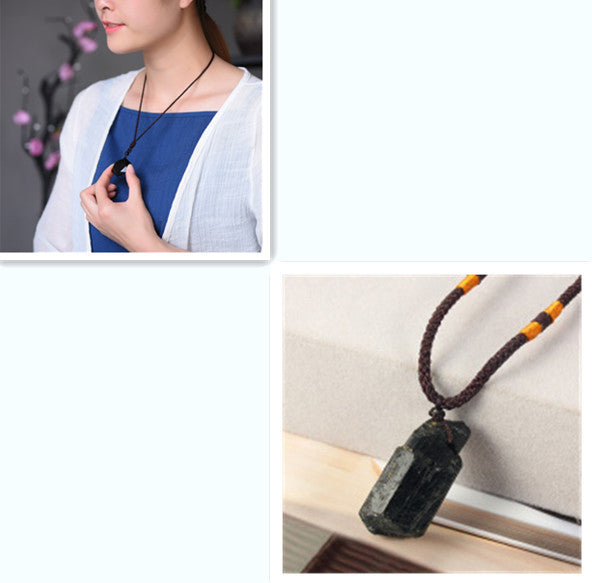 Natural Black Stone Pendant Necklace 1623394932730