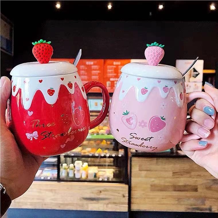 Ceramic Coffee Mug With Lid And Spoon Cute Creative Kawaii Water 1623667177914