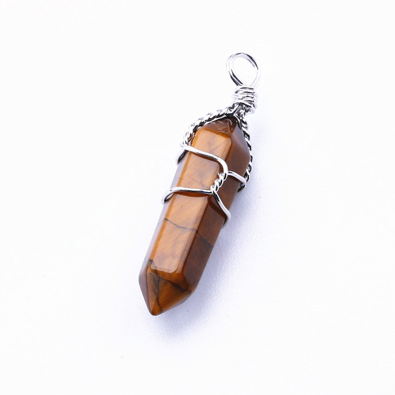 Popular Hexagonal Pillar Iron Wire Wrapped Miscellaneous Stone Necklace Pendant 1623815439294