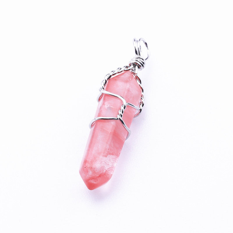 Popular Hexagonal Pillar Iron Wire Wrapped Miscellaneous Stone Necklace Pendant 1623815439604