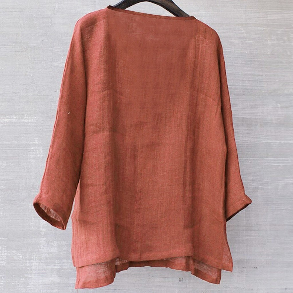 Cotton linen solid stand collar shirt 1624088331692