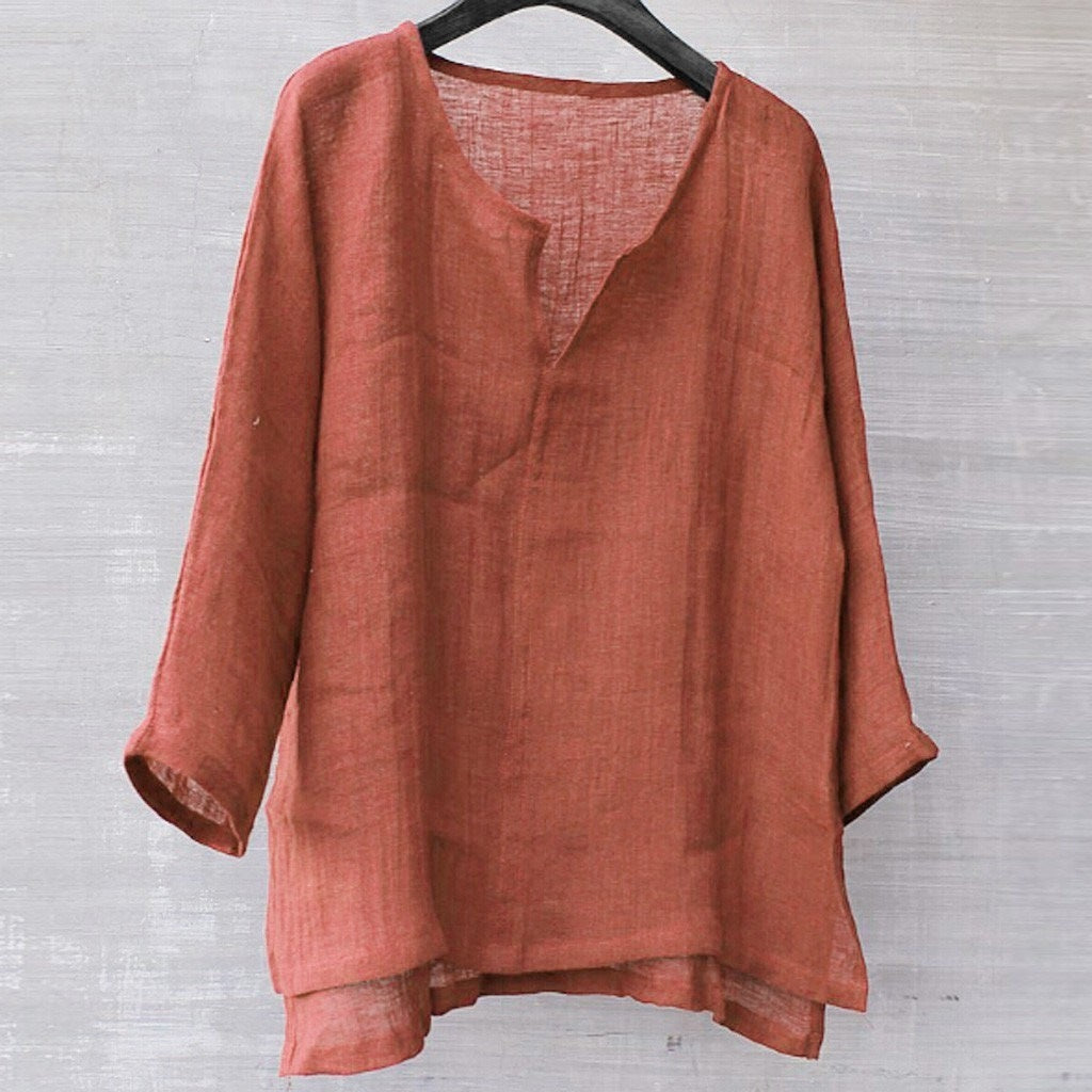 Cotton linen solid stand collar shirt 1624088345045