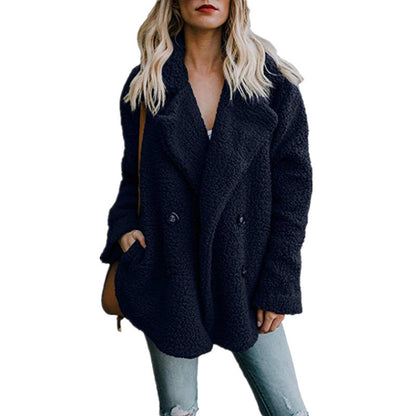 Autumn and Winter Women's Plush Button Lapels Pocket Coat Shirt 1636004816511