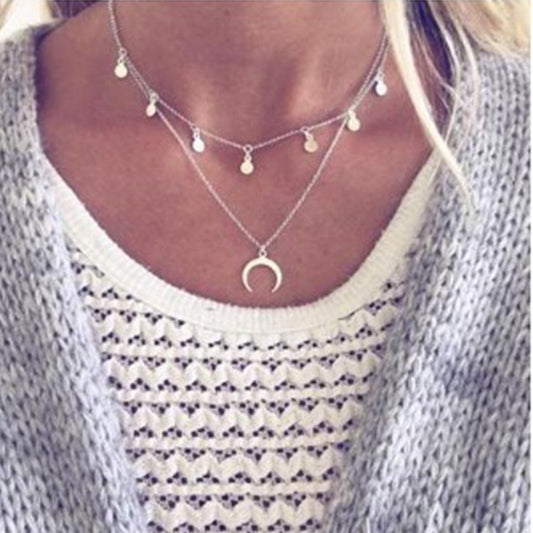 Round Moon Pendant Multilayer Crescent Necklace 167205905868645
