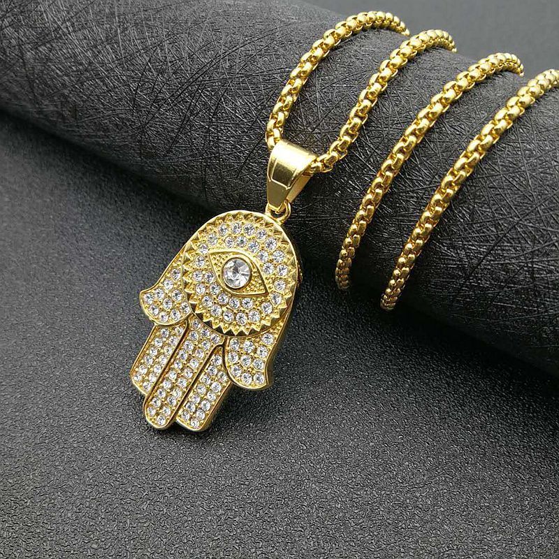 European And American Titanium Steel Gold Plated Diamond Hand Of Fatima Pendant Necklace 170c5558 948f 475e 9da0 44d288723b1d
