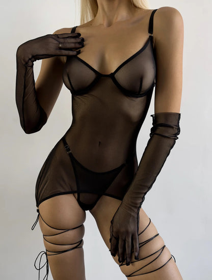 Sexy Seduction Mesh Tied Dress Outer Bra Set 1731356885795344384