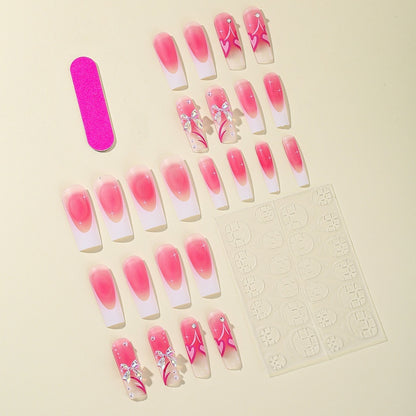 Wear A Piece Long Aurora Bow Pearl Rhinestone White French Edge Fake Nails 1742095094770700288