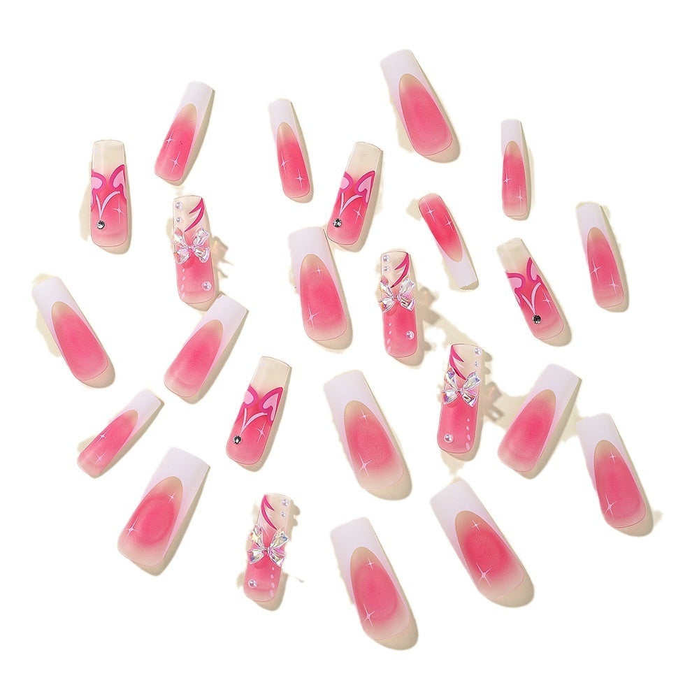 Wear A Piece Long Aurora Bow Pearl Rhinestone White French Edge Fake Nails 1742095094925889536
