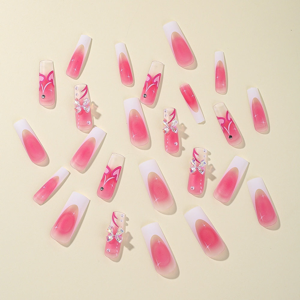 Wear A Piece Long Aurora Bow Pearl Rhinestone White French Edge Fake Nails 1742095095106244608