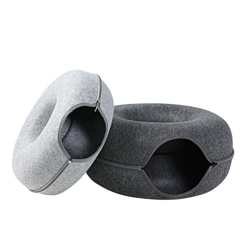 Four Seasons Available Cat Nest Round Woolen Felt Pet Dual-use Cat Nest Tunnel Interactive Training Toy Grey Felt Cat Nest 17