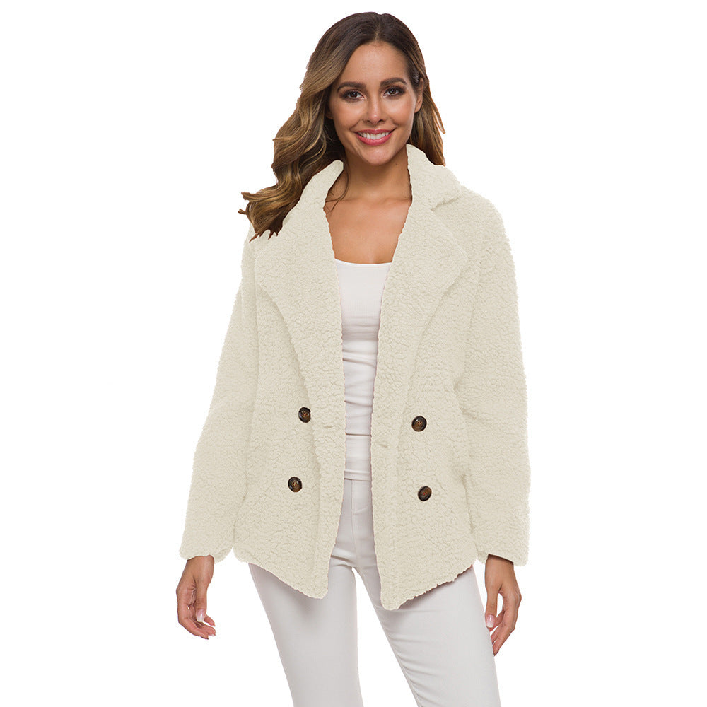 Autumn and Winter Women's Plush Button Lapels Pocket Coat Shirt 1768097358800