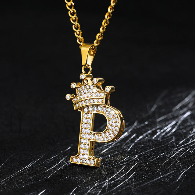 Crown Pendant Stainless Steel Letter Necklace 1773623704349