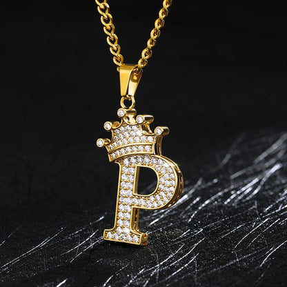Crown Pendant Stainless Steel Letter Necklace 1773623704349