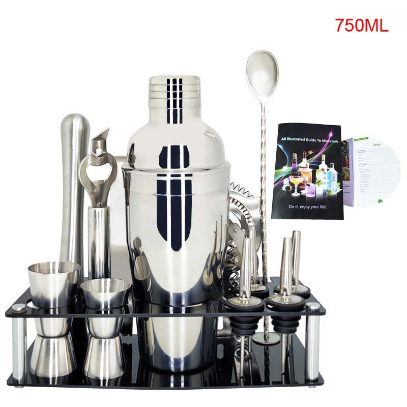 Stainless Steel Cocktail Shaker  with Wooden Stand for Home Bar Party 1789042196984