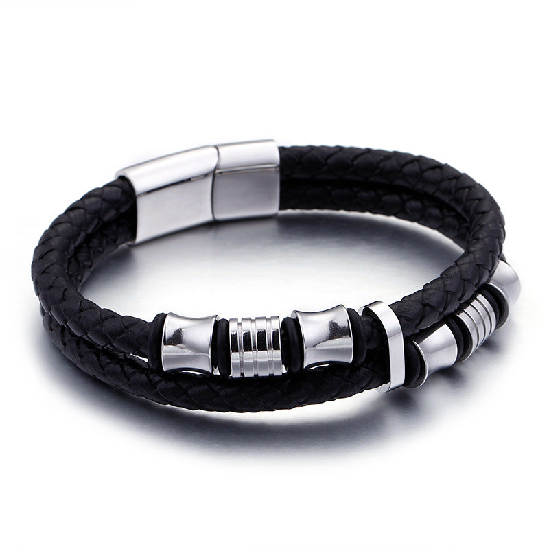 Gold Color Stainless Steel Leather Bracelet Men Black Mens Leather Wrap Bracelets Jewelry Wristband With Magnet Clasp 1797349