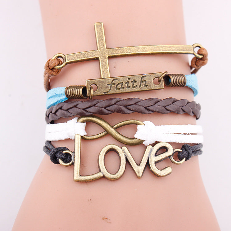 European and American bracelets love pendant fashion faith letter jewelry multi-layer woven leather rope bracelet bracelet 18