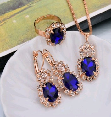 Europe And The United States Personalized Water Drop Color Diamond Necklace, Earrings, Rings Set, Shiny High-end Bridal Jewel
