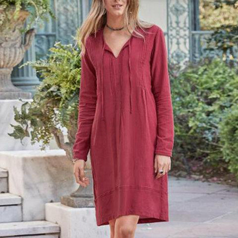 Spliced v-neck lace-up dress 1889851122600